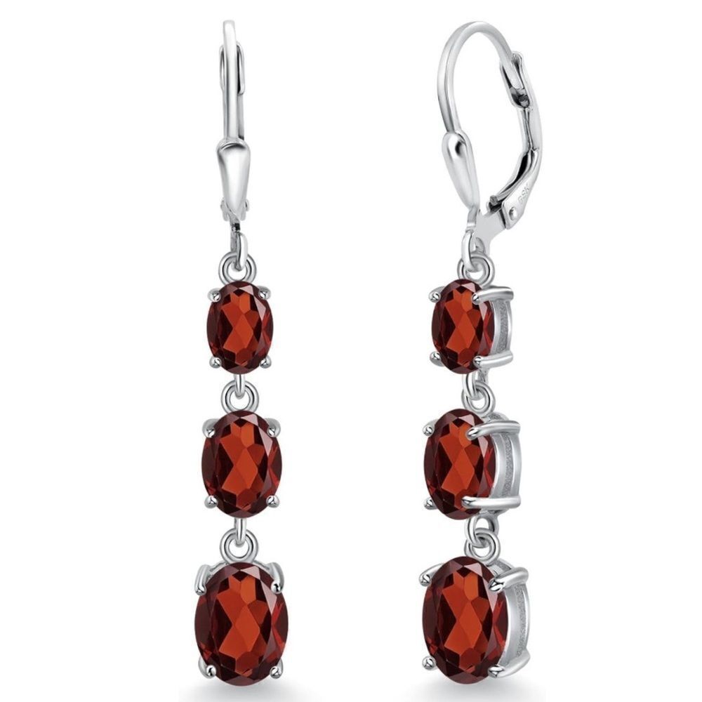 925 Sterling Silver with 6.14 Cttw 3 Stone Garnet Dangling Leverback Earrings